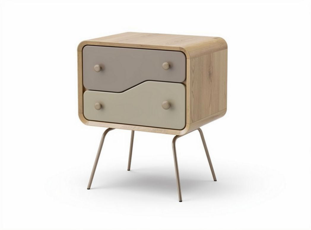 Wooden nightstand with two drawers and metal legs in natural and pastel colors