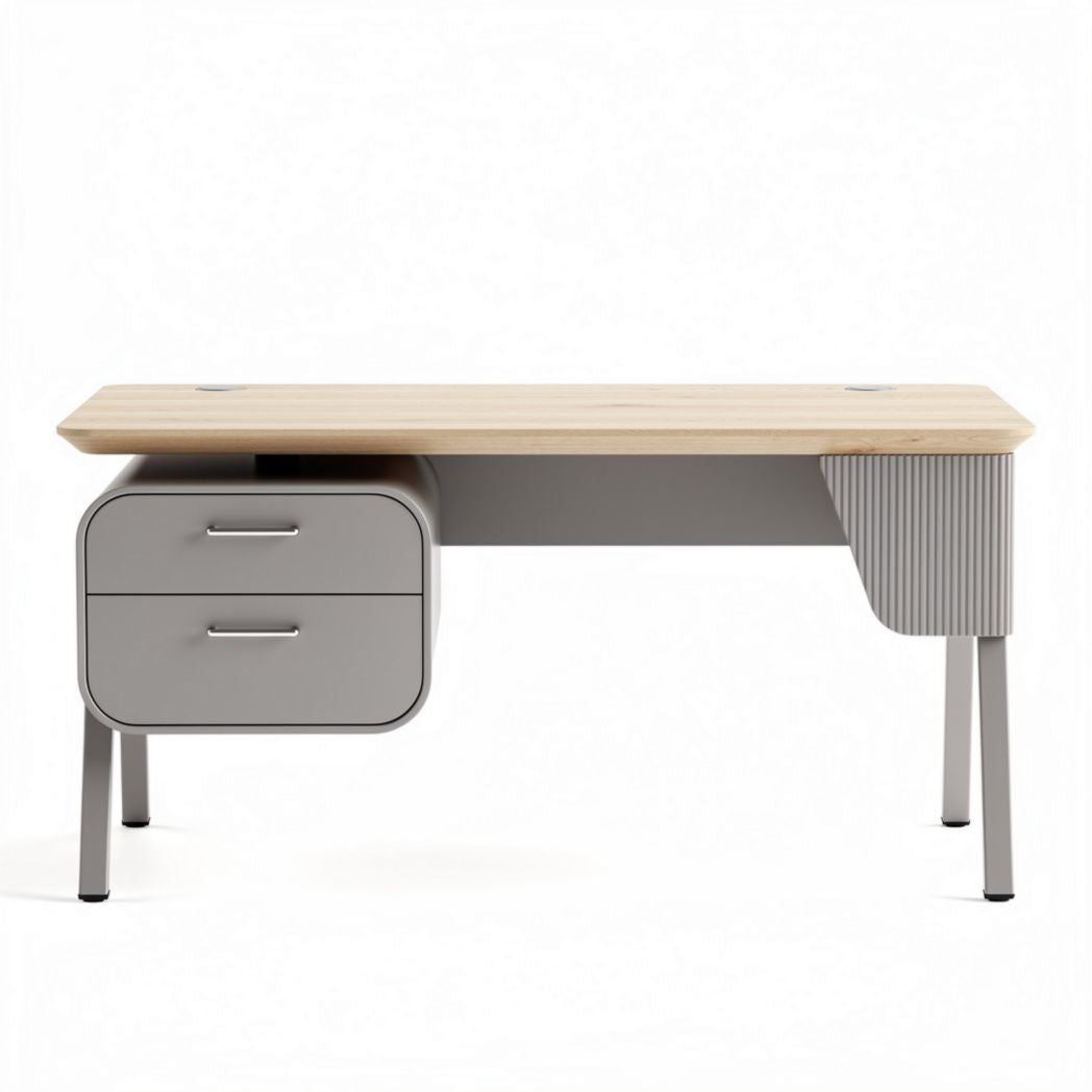 Modern desk with natural wood top and grey body two drawers 120 x 60 x 75cm