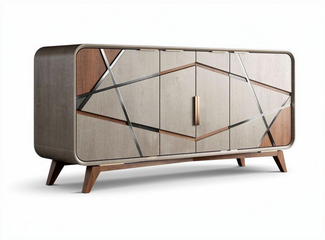 Wooden sideboard with geometric design and metal accents 120 x 40 x 75cm