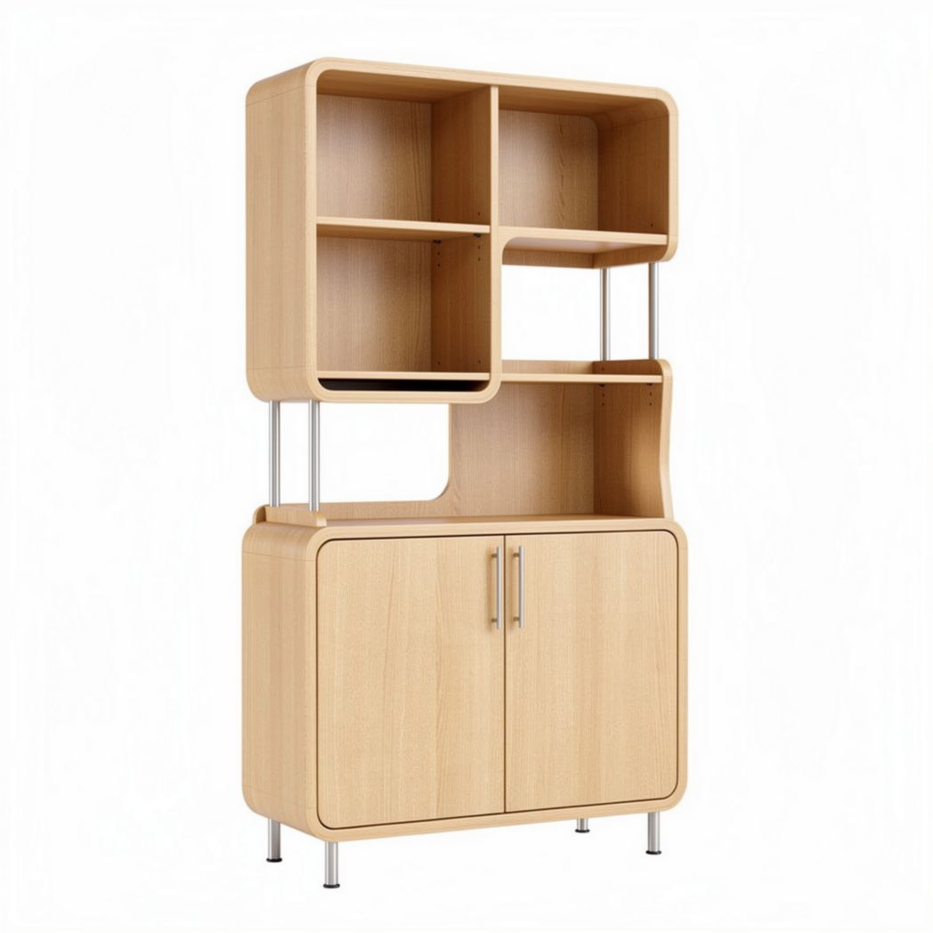Wooden storage cabinet with open shelves and closed compartment 120 x 40 x 160cm