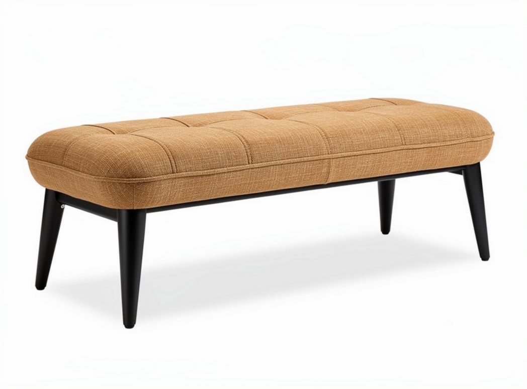 Upholstered bench in tan fabric with black wooden legs 120 x 45 x 45cm