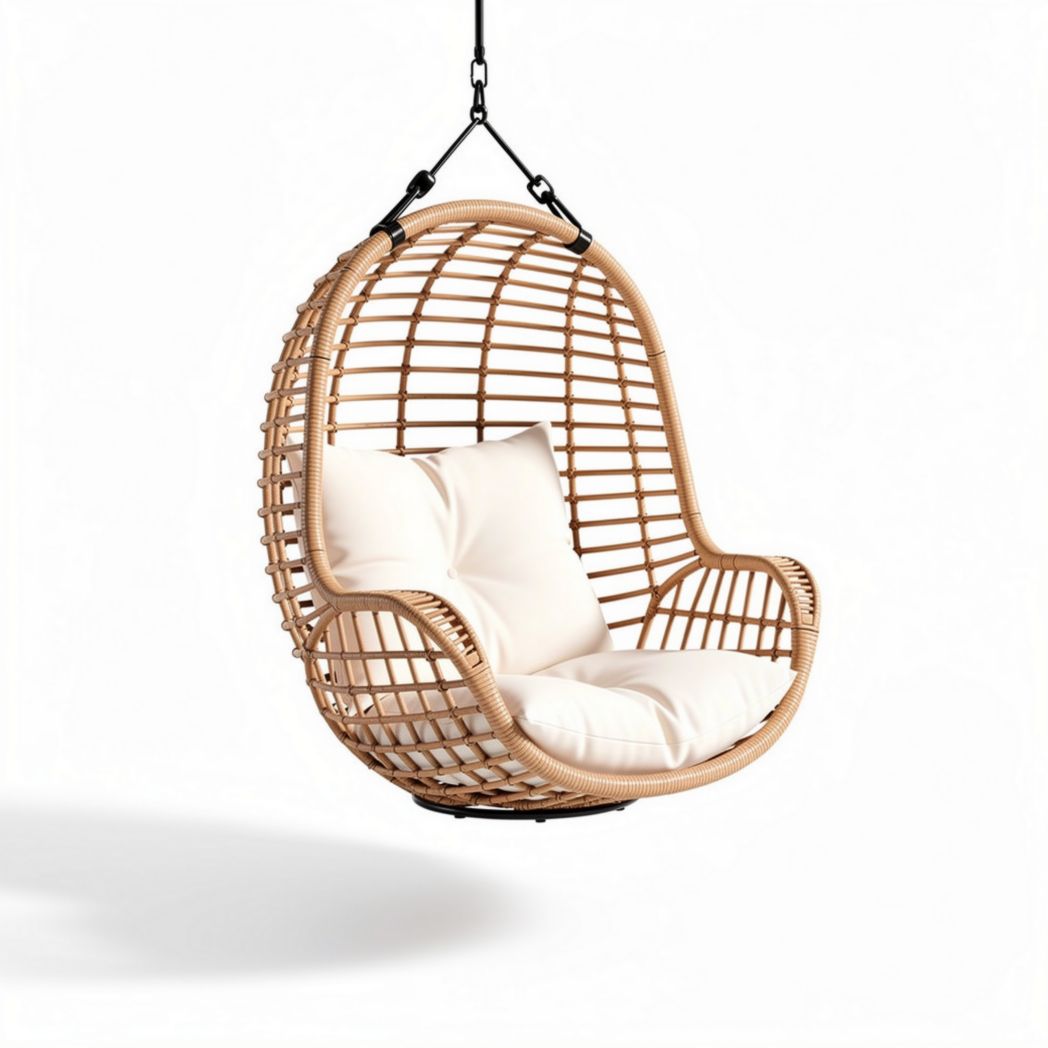 Hanging rattan egg chair with soft cushions for indoor and outdoor use