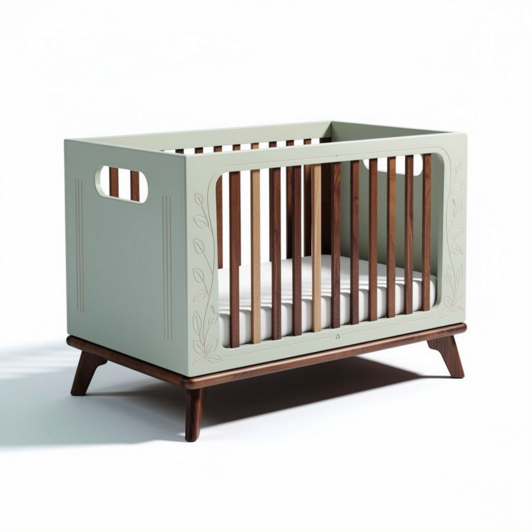 Convertible crib with natural wood legs and mint green finish 120 x 60 x 80cm