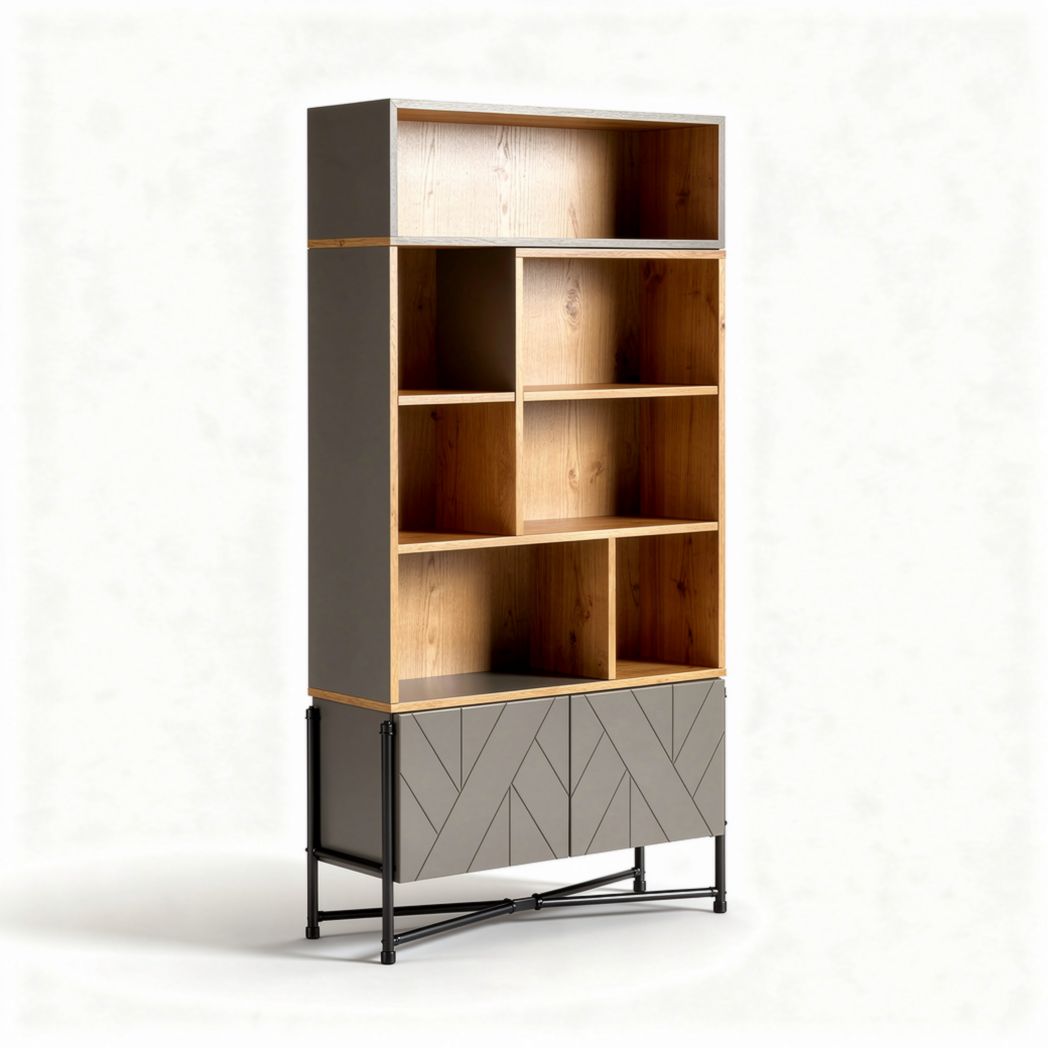 Wooden and metal bookcase with open shelves and drawer 120 x 60 x 180cm