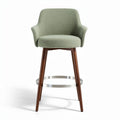 Green upholstered bar stool with walnut legs and metal footrest 40 x 40 x 100cm