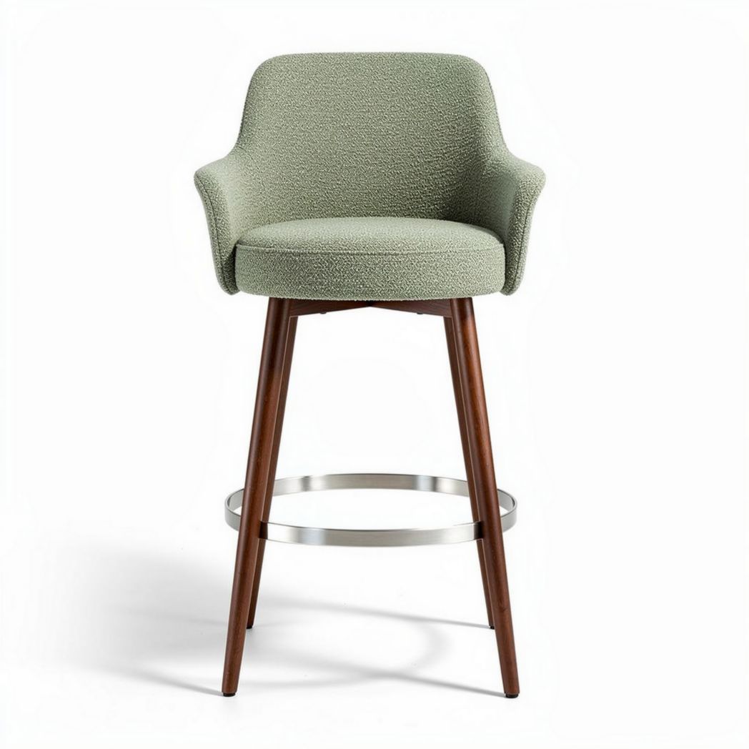 Green upholstered bar stool with walnut legs and metal footrest 40 x 40 x 100cm