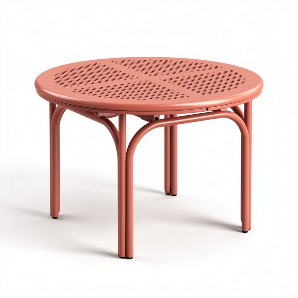 Round outdoor dining table with perforated top in coral color 60 x 60 x 45cm