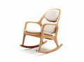 Wooden rocking chair with beige fabric upholstery and ergonomic design