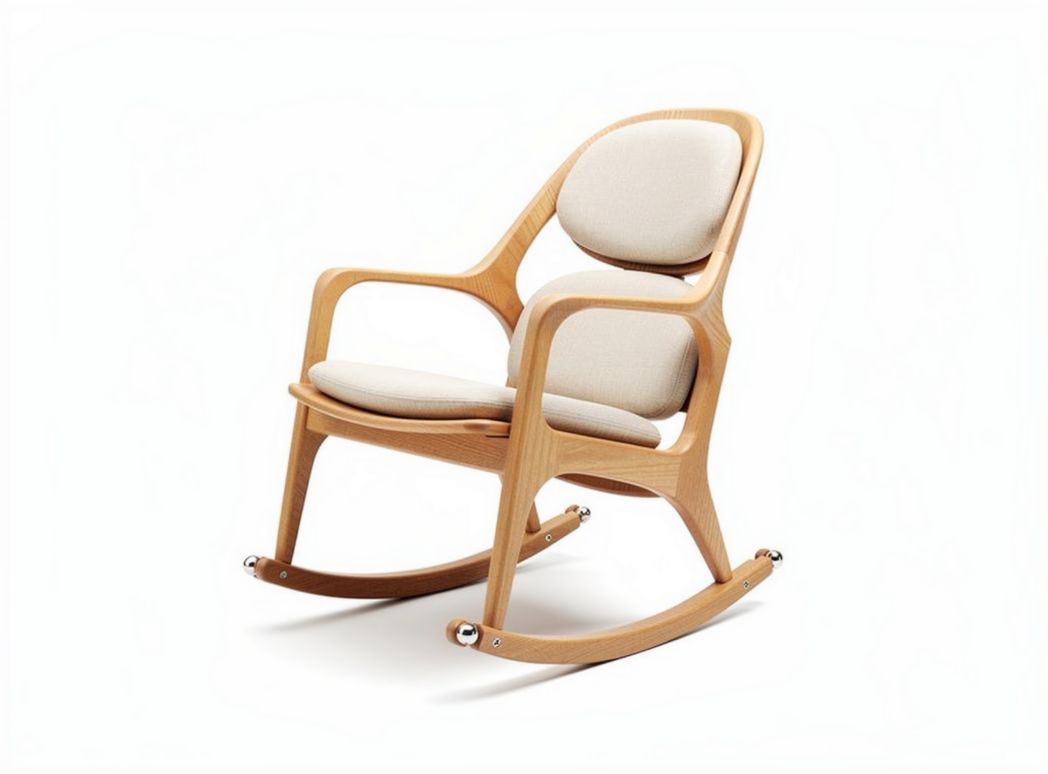 Wooden rocking chair with beige fabric upholstery and ergonomic design