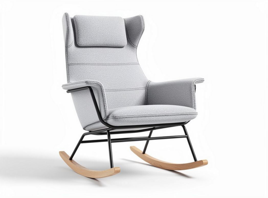 Rocking chair with soft grey fabric upholstery and black metal frame 75 x 85 x 100cm