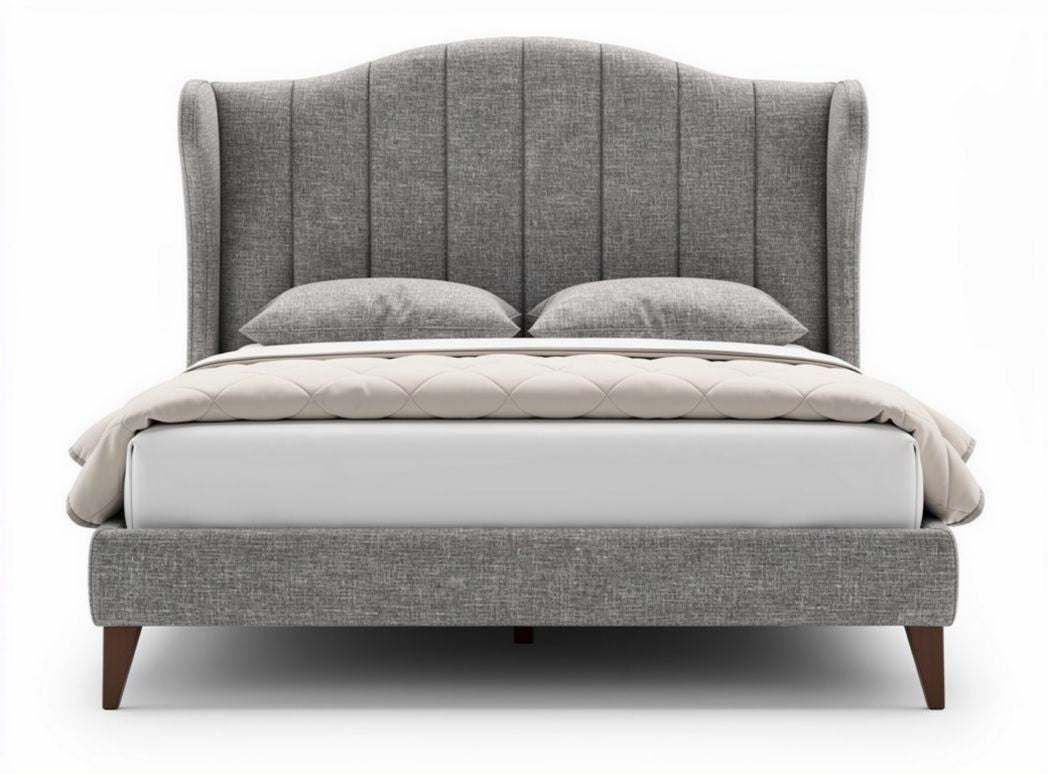 Bed frame with upholstered gray fabric headboard and wooden legs 200 x 160 x 120cm